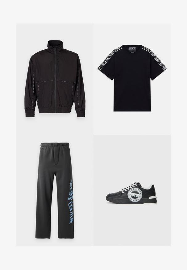 Melna viegla jaka ar augstu apkakli un rāvējslēdzēju. Iezīmējas ar baltām šuvēm uz pleciem un piedurknēm. Elastīgas piedurknes.; Melnas īsām piedurknēm T-krekls ar baltām "Versace Jeans Couture" teksta joslām, kas iet gar pleciem un augšējām piedurknēm.; Melnas sporta bikses, kas izgatavotas no mīksta auduma, ar brīvu piegriezumu un elastīgu jostasvietu. Izcils zils drukāts teksts pa sānu.; Melnas ādas sporta kurpes ar baltām akcentiem, apaļu logo detaļu, perforētu purngali un kontrastējošu zoli. Iekļautas baltas šņorītes un zīmols.