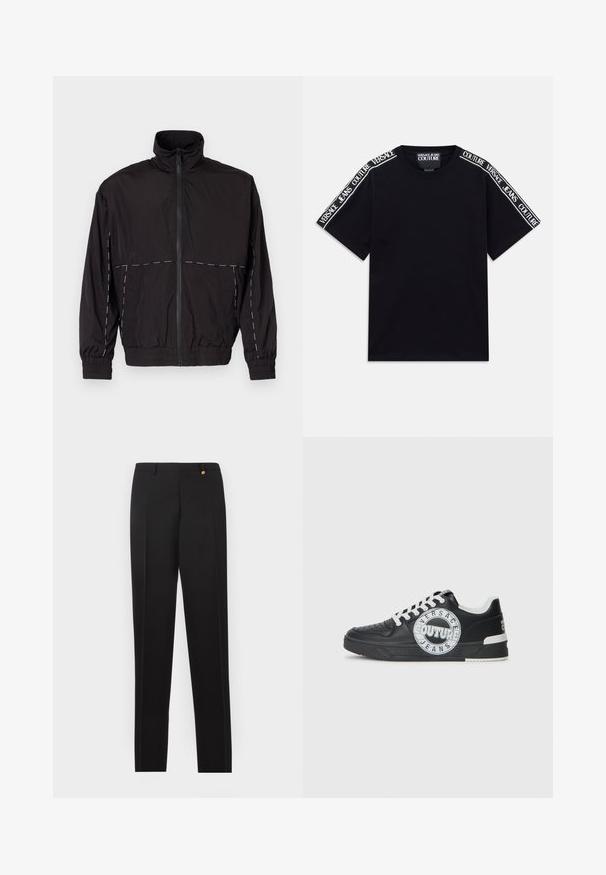 Black lightweight jacket with a high collar and zip closure. Features white stitching accents on the shoulders and sleeves. Elastic cuffs.; Black short-sleeve T-shirt with white "Versace Jeans Couture" text bands running along the shoulders and upper sleeves.; Black tailored trousers with a slim fit, a smooth finish, single pleat, and a gold button accent on the front waistband.; Black leather sneakers with white accents, round logo detailing, perforated toe, and contrasting sole. Features white laces and branding.
