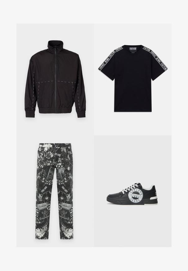 Černá lehká bunda s vysokým límcem a zipovým zapínáním. Má bílé prošívání na ramenou a rukávech. Elastické manžety.; Černé tričko s krátkým rukávem s bílými pruhy textu "Versace Jeans Couture" běžícími podél ramen a horních rukávů.; Černé džíny s propracovanými květinovými a ornamentálními vzory v šedé barvě. Pětipocketový design se zapínáním na zip a knoflík.; Černé kožené tenisky s bílými akcenty, kulatými detaily loga, perforovanou špičkou a kontrastní podešví. Obsahují bílé tkaničky a branding.