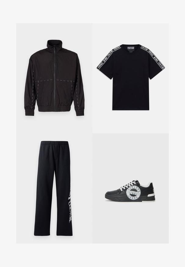 Casaco leve preto com gola alta e fecho de correr. Apresenta detalhes em costura branca nos ombros e mangas. Punhos elásticos.; T-shirt preta de manga curta com faixas brancas com o texto "Versace Jeans Couture" correndo ao longo dos ombros e das mangas superiores.; Calças de moletão pretas de algodão com um cós elástico, pernas largas e uma impressão gráfica branca na perna esquerda. Textura suave e design casual.; Tenis de couro preto com detalhes em branco, logótipo redondo, ponta perfurada e sola de contraste. Apresenta atacadores brancos e marca.