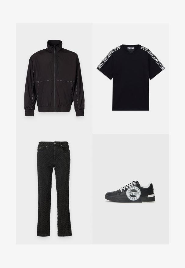 Črna lahka jakna z visokim ovratnikom in zadrgo. Ima bele šive na ramenih in rokavih. Elastični manšeti.; Črna kratka majica s kratkimi rokavi z belimi trakovi z besedilom "Versace Jeans Couture", ki tečejo ob naramnicah in zgornjih rokavih.; Črne traper hlače z teksturiranim vzorcem, petimi žepi, sprednjo zaklepno gumbom in rahlo razširjenimi hlačnicami.; Črne usnjene superge z belimi detajli, okroglo logotipno okrasitev, perforiran prst in kontrastno podplat. Imajo bele vezalke in blagovno znamko.