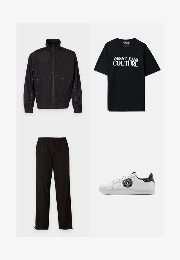 Μαύρο ελαφρύ μπουφάν με ψηλό γιακά και κλείσιμο με φερμουάρ. Διαθέτει λευκές ραφές στις ώμους και τα μανίκια. Ελαστικές μανσέτες.; Μαύρο βαμβακερό T-shirt με κοντά μανίκια, με μεγάλο λευκό κείμενο "VERSACE JEANS COUTURE" μπροστά. Κλασικός σχεδιασμός με λαιμόκοψη.; Μαύρο ελαφρύ παντελόνι με ελαστική μέση, κλείσιμο με σκοινάκι και φερμουάρ στο κάτω μέρος για ρυθμιζόμενη εφαρμογή. Λείος και κομψός υφή.; Λευκό αθλητικό παπούτσι με μαύρες λεπτομέρειες, με στρογγυλή λογότυπη επιφάνεια, κλείσιμο με κορδόνια και υφασμάτινη ελαστική σόλα. Λείο συνθετικό υλικό.