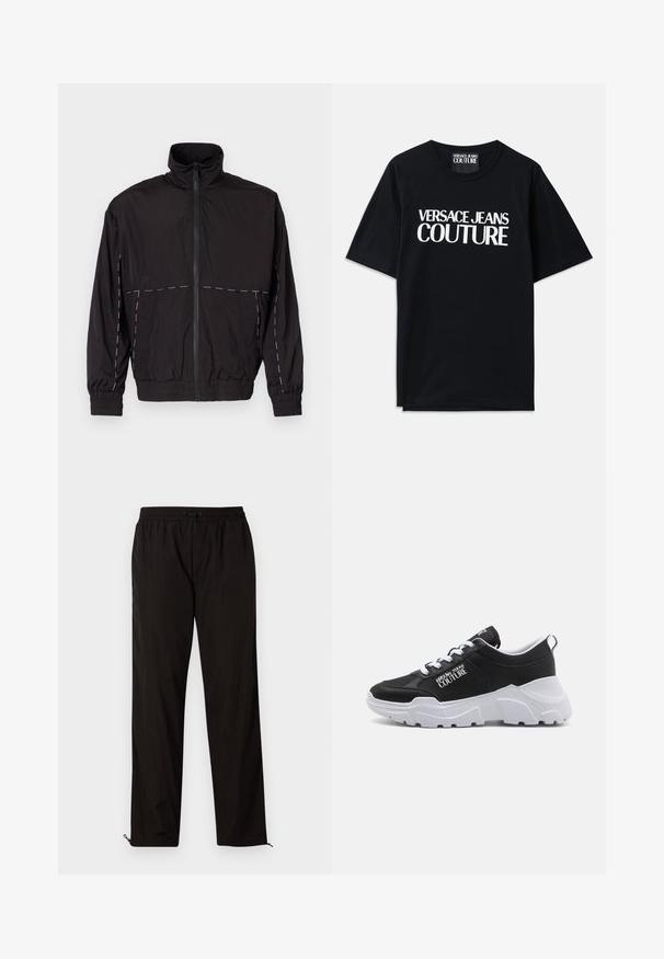 Crna lagana jakna s visokim ovratnikom i zatvaranjem na zip. Ima bijele šavove na ramenima i rukavima. Elastični manžeti.; Crna pamučna majica s kratkim rukavima s velikim bijelim natpisom "VERSACE JEANS COUTURE" sprijeda. Klasični dizajn s okruglim izrezom.; Crne lagane hlače s elastičnim pojasom, zatvaranjem na vezicu i patentnim zatvaračima na rubovima za podesiv fit. Glatka, elegantna tekstura.; Crne mrežaste tenisice s bijelim gumiranim potplatom, s okruglim vezicama, podstavljenim ovratnikom i logom sa strane. Smion, glomazan dizajn.