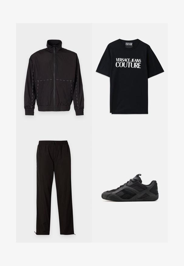 Jachetă neagră ușoară cu guler înalt și închidere cu fermoar. Prezintă accente de cusături albe pe umeri și mâneci. Mansete elastice.; Tricou din bumbac negru cu mâneci scurte, având un text mare alb "VERSACE JEANS COUTURE" pe față. Design clasic cu guler rotund.; Pantaloni ușori negri, cu talie elastică, închidere cu șnur și tiv zipurat pentru o ajustare ușoară. Textură netedă și elegantă.; Adidași negri dintr-un amestec de materiale netede și texturate, având un design distinct, o talpă modelată și detalii de branding proeminente.