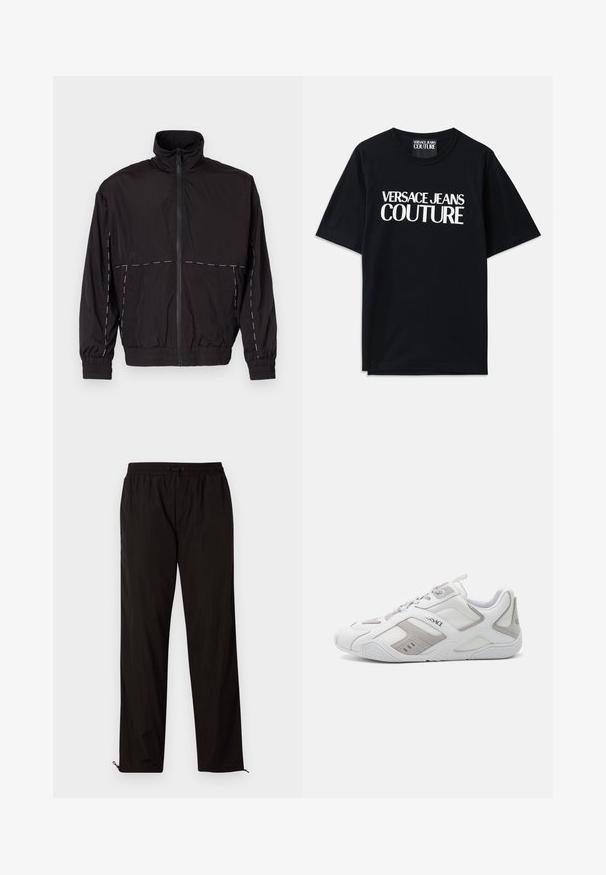 Fekete, könnyű dzseki magas gallérral és cipzáras záróval. Fehér varrási díszítésekkel a vállakon és az ujjakon. Rugalmas mandzsetták.; Fekete pamut póló rövid ujjakkal, amelynek elején nagy fehér felirat olvasható: "VERSACE JEANS COUTURE". Klasszikus kerek nyakú kialakítás.; Fekete, könnyű nadrág, elasztikus derékkal, húzózsinórral és cipzáros szegélyekkel, amelyek lehetővé teszik az állítható illeszkedést. Simaság és elegáns textúra.; Fehér sportcipők szürke velúr részletekkel, texturált gumitalppal, hálós panelekkel és fűzőrendszerrel. Az oldalukon márkajelzés található.