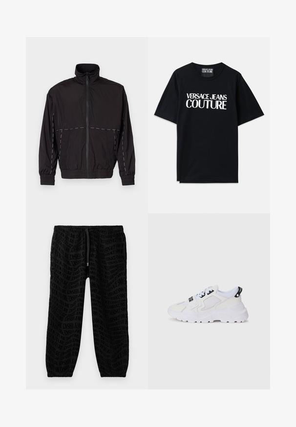 Čierna ľahká bunda s vysokým golierom a zipsom. Má biele švy na pleciach a rukávoch. Elastické manžety.; Čierne bavlnené tričko s krátkymi rukávmi s veľkým bielym nápisom "VERSACE JEANS COUTURE" na prednej strane. Klasický dizajn s okrúhlym výstrihom.; Čierne jogger nohavice s celoplošným jemným logom. Elastický pás s nastaviteľnou šnúrkou a elastické manžety na členkoch.; Biele športové tenisky s vrchnou časťou z mrežoviny, hrubou podrážkou a čiernymi akcentmi s potlačeným logom. Textúrovaný a štruktúrovaný dizajn.