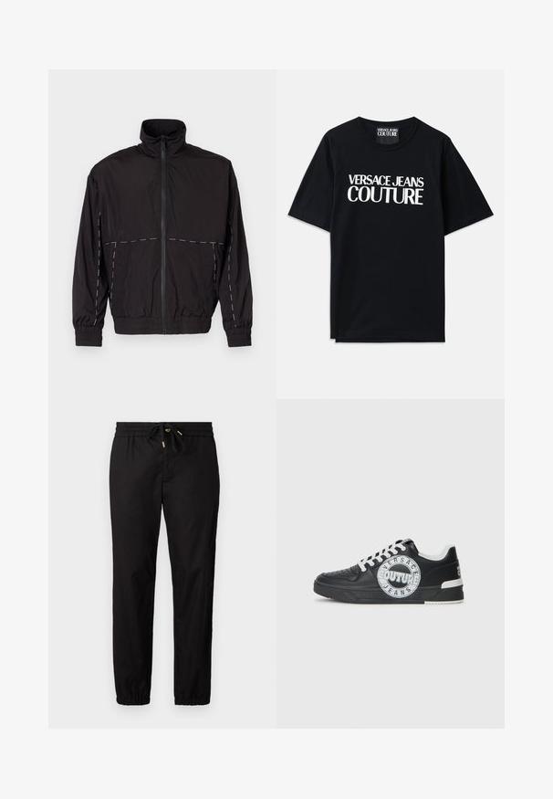 Svart lättviktsjacka med hög krage och dragkedjestängning. Har vita sömnadsdetaljer på axlarna och ärmarna. Elastiska muddar.; Svart bomullströja med korta ärmar som har stor vit text "VERSACE JEANS COUTURE" på framsidan. Klassisk rundad halsringning.; Svarta byxor med elastiskt midjeband och dragsko. Har smalnande ben med elastiska muddar. Slätt, lättviktigt tyg.; Svart lädersneakers med vita accenter, rund logodetalj, perforerad tå och kontrasterande sula. Har vita snören och varumärkeslogotyp.