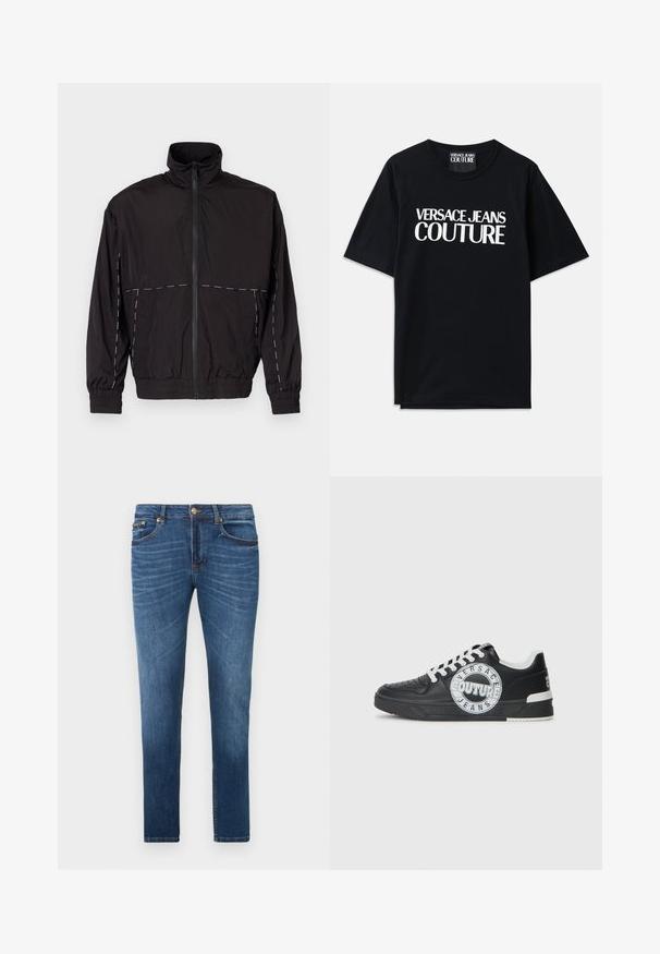 Fekete, könnyű dzseki magas gallérral és cipzáras záróval. Fehér varrási díszítésekkel a vállakon és az ujjakon. Rugalmas mandzsetták.; Fekete pamut póló rövid ujjakkal, amelynek elején nagy fehér felirat olvasható: "VERSACE JEANS COUTURE". Klasszikus kerek nyakú kialakítás.; Kék, slim-fit farmernadrág arany gombokkal és szegecsekkel, öt zsebes stílusban, és elhalványult whiskering részletekkel a combokon.; Fekete bőr edzőcipő fehér kiemelésekkel, kerek logó részletezéssel, perforált orral és kontrasztos talppal. Jellemzője a fehér fűző és a márkajelzés.