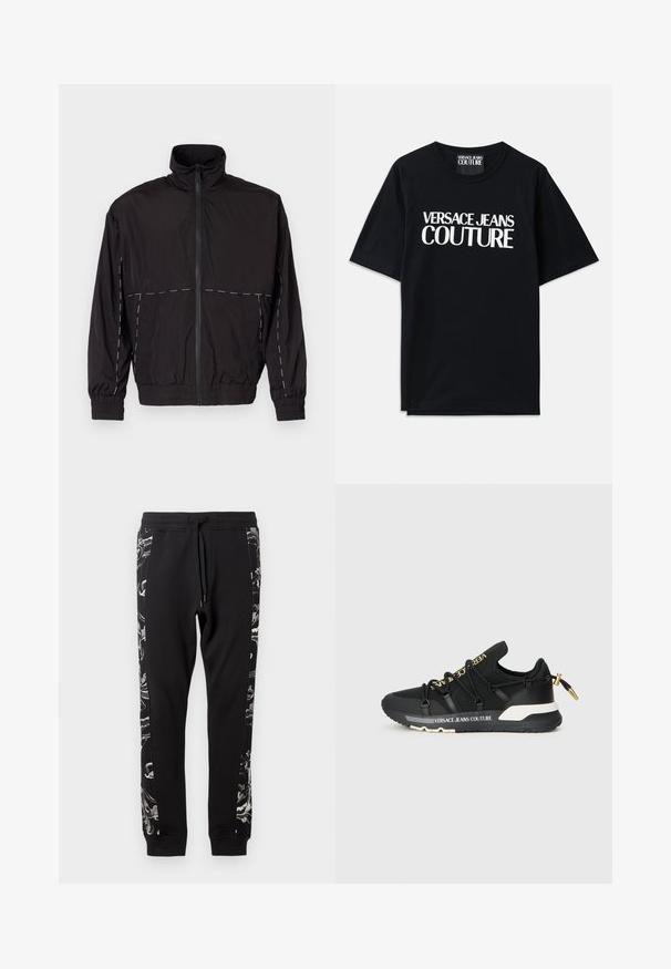 Melna viegla jaka ar augstu apkakli un rāvējslēdzēju. Iezīmējas ar baltām šuvēm uz pleciem un piedurknēm. Elastīgas piedurknes.; Melnas kokvilnas T-krekls ar īsām piedurknēm, uz kura priekšpuses ir lieli balti burti "VERSACE JEANS COUTURE". Klasiska apaļa kakla dizaina.; Melnas sporta bikses ar elastīgu jostu, ar pelēkiem ziedu rakstiem sānu panelos un sašaurinātiem atvērumiem uz potītēm.; Melni sporta apavi ar elegantu dizainu, kuriem ir zelta zīmols, elastīgas šņores un teksturēta zole ar baltām akcentiem.