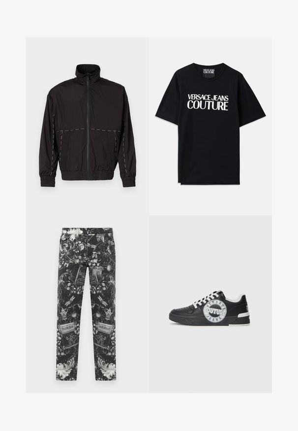 Črna lahka jakna z visokim ovratnikom in zadrgo. Ima bele šive na ramenih in rokavih. Elastični manšeti.; Črna bombažna majica s kratkimi rokavi, ki na sprednji strani prikazuje veliko belo besedilo "VERSACE JEANS COUTURE". Klasična zasnova s krožnim ovratnikom.; Črne kavbojke z zapletenimi cvetličnimi in okrasnimi vzorci v sivi barvi. Oblika s petimi žepi in zapiranjem na zadrgo ter gumb.; Črne usnjene superge z belimi detajli, okroglo logotipno okrasitev, perforiran prst in kontrastno podplat. Imajo bele vezalke in blagovno znamko.
