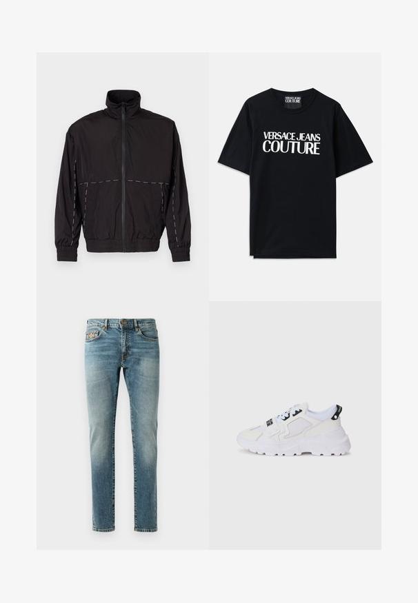 Juodas lengvas švarkas su aukštu apykakle ir užtrauktuku. Savybėje yra balti siuvinėjimo akcentai ant pečių ir rankovių. Elastingi rankogaliai.; Juoda medvilninė marškinėliai su trumpomis rankovėmis, ant priekinės dalies su dideliais baltais užrašais "VERSACE JEANS COUTURE". Klasikinio apvalaus kaklo dizainas.; Šviesiai mėlyni džinsai su tiesiu siluetu, penkiomis kišenėmis, žalvario detalėmis ir švelniu išblukimu ant kojų. Klasikinis siuvinėjimo akcentas.; Baltos sportinės kedai su tinkleliu viršuje, storu padu ir juodomis detalėmis bei atspaustu prekės ženklu. Tekstūruotas ir struktūruotas dizainas.