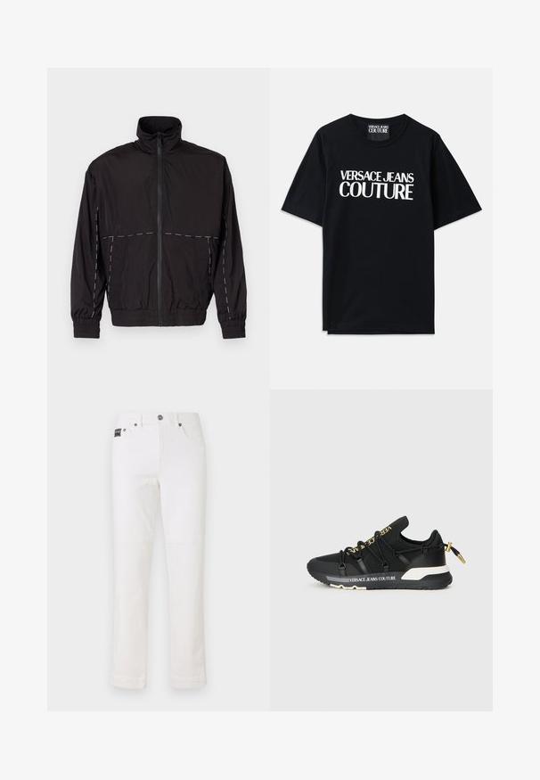 Crna lagana jakna s visokim ovratnikom i zatvaranjem na zip. Ima bijele šavove na ramenima i rukavima. Elastični manžeti.; Crna pamučna majica s kratkim rukavima s velikim bijelim natpisom "VERSACE JEANS COUTURE" sprijeda. Klasični dizajn s okruglim izrezom.; Bijele traperice ravnog kroja, s pet džepova, zatvaranjem na gumbe i malom oznakom branda na pojasu. Glatka tekstura.; Crne atletske tenisice s elegantnim dizajnom, koje sadrže zlatni brend, elastične vezice i teksturiranu potplat s bijelim akcentima.