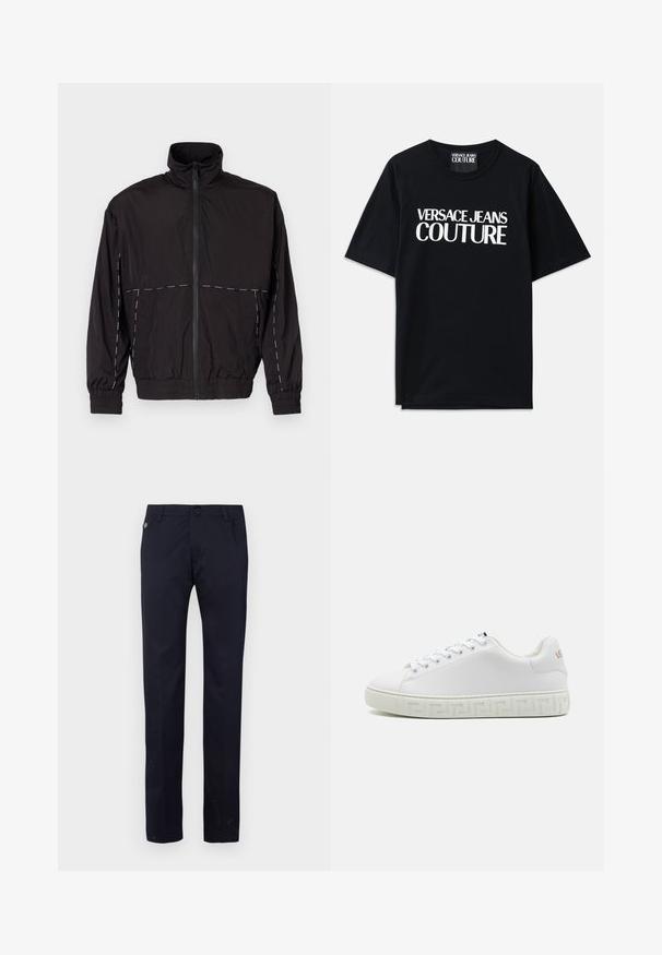 Crna lagana jakna s visokim ovratnikom i zatvaranjem na zip. Ima bijele šavove na ramenima i rukavima. Elastični manžeti.; Crna pamučna majica s kratkim rukavima s velikim bijelim natpisom "VERSACE JEANS COUTURE" sprijeda. Klasični dizajn s okruglim izrezom.; Morne hlače regularnog kroja, izrađene od glatkog tekstila. Imaju kopčanje na dugme sprijeda i bočne džepove, minimalni detalji.; Bijela tenisica s glatkom kožnom gornjom površinom, ravnim vezicama i gumeni potplat s uzorkom koji prikazuje geometrijski dizajn. Suptilni logo akcent na strani.