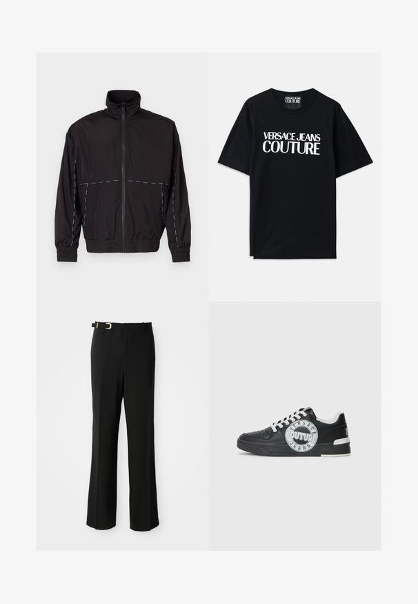 Melna viegla jaka ar augstu apkakli un rāvējslēdzēju. Iezīmējas ar baltām šuvēm uz pleciem un piedurknēm. Elastīgas piedurknes.; Melnas kokvilnas T-krekls ar īsām piedurknēm, uz kura priekšpuses ir lieli balti burti "VERSACE JEANS COUTURE". Klasiska apaļa kakla dizaina.; Melnas bikses ar pieguļošu piegriezumu, ar plakanu priekšu, jostu cilpām, elegantu siluetu un zelta sprādzi uz jostas.; Melnas ādas sporta kurpes ar baltām akcentiem, apaļu logo detaļu, perforētu purngali un kontrastējošu zoli. Iekļautas baltas šņorītes un zīmols.