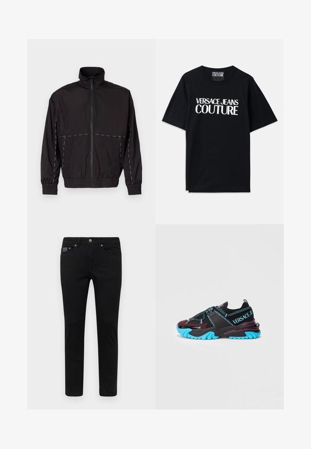 Black lightweight jacket with a high collar and zip closure. Features white stitching accents on the shoulders and sleeves. Elastic cuffs.; Black cotton t-shirt with short sleeves featuring large white text "VERSACE JEANS COUTURE" on the front. Classic crew neck design.; Black denim pants with a slim fit, featuring a button closure, five pockets, and golden hardware accents. The fabric is smooth with a solid design.; Black and burgundy sneaker with a textured upper, contrasting turquoise sole, and neon accents. Features a lace-up closure and branding.