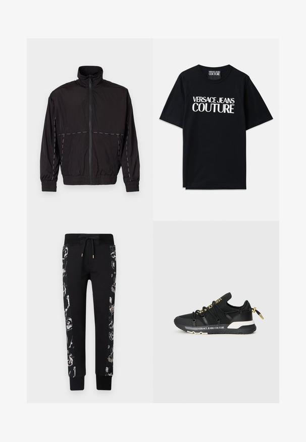 Casaco leve preto com gola alta e fecho de correr. Apresenta detalhes em costura branca nos ombros e mangas. Punhos elásticos.; T-shirt de algodão preta com mangas curtas, apresentando um grande texto branco "VERSACE JEANS COUTURE" na frente. Design clássico de gola redonda.; Calças de treino pretas com um painel lateral texturizado e padrão, apresentando designs de rolagem em creme e cinza. Cintura elástica com cordão ajustável.; Ténis de desporto pretos com um design elegante, apresentando uma marcação dourada, atacadores elásticos e uma sola texturizada com detalhes em branco.