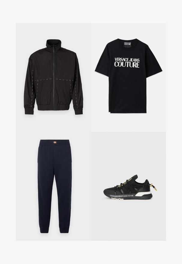 Fekete, könnyű dzseki magas gallérral és cipzáras záróval. Fehér varrási díszítésekkel a vállakon és az ujjakon. Rugalmas mandzsetták.; Fekete pamut póló rövid ujjakkal, amelynek elején nagy fehér felirat olvasható: "VERSACE JEANS COUTURE". Klasszikus kerek nyakú kialakítás.; Tengerészkék melegítőnadrág, puha anyagból készült, arany színű fém részletekkel ellátott, zsinóros derékpánttal, oldalzsebekkel és beszűkített szárvégekkel.; Fekete sportcipők letisztult dizájnnal, arany logóval, rugalmas fűzőkkel és texturált talppal fehér részletekkel.