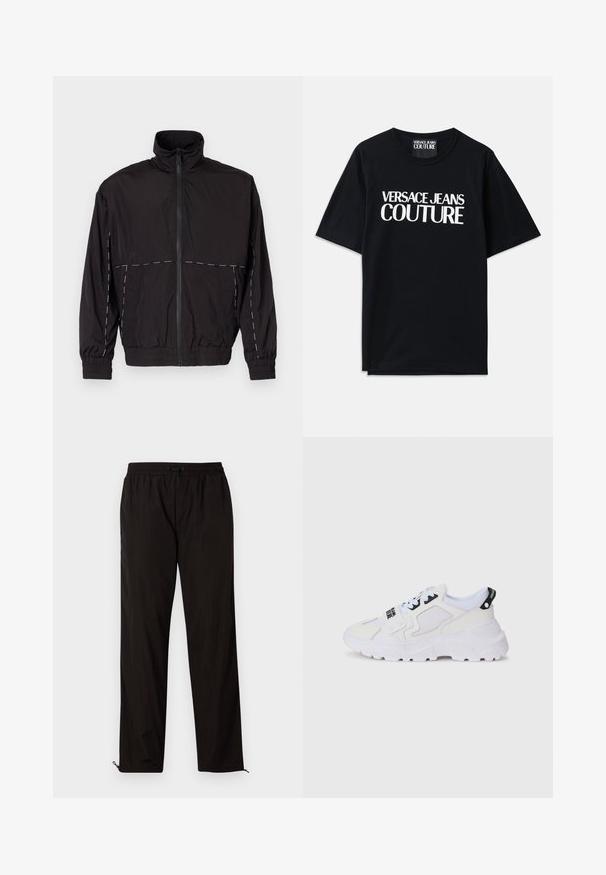 Casaco leve preto com gola alta e fecho de correr. Apresenta detalhes em costura branca nos ombros e mangas. Punhos elásticos.; T-shirt de algodão preta com mangas curtas, apresentando um grande texto branco "VERSACE JEANS COUTURE" na frente. Design clássico de gola redonda.; Calças leves pretas com cintura elástica, fecho por cordão ajustável e bainhas com fecho de correr para ajuste. Textura suave e elegante.; Ténis desportivos brancos com parte superior em rede, sola grossa e detalhes pretos com marca impressa. Design texturizado e estruturado.