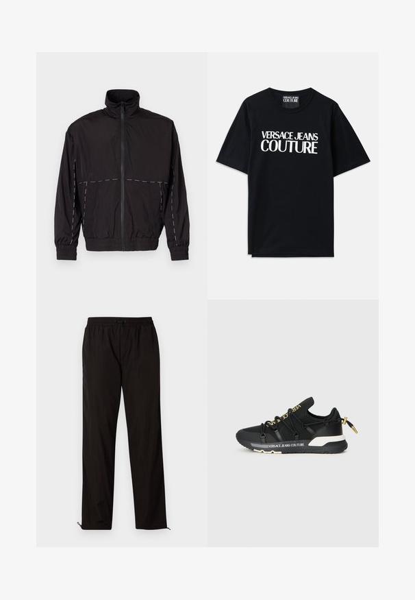 Casaco leve preto com gola alta e fecho de correr. Apresenta detalhes em costura branca nos ombros e mangas. Punhos elásticos.; T-shirt de algodão preta com mangas curtas, apresentando um grande texto branco "VERSACE JEANS COUTURE" na frente. Design clássico de gola redonda.; Calças leves pretas com cintura elástica, fecho por cordão ajustável e bainhas com fecho de correr para ajuste. Textura suave e elegante.; Ténis de desporto pretos com um design elegante, apresentando uma marcação dourada, atacadores elásticos e uma sola texturizada com detalhes em branco.