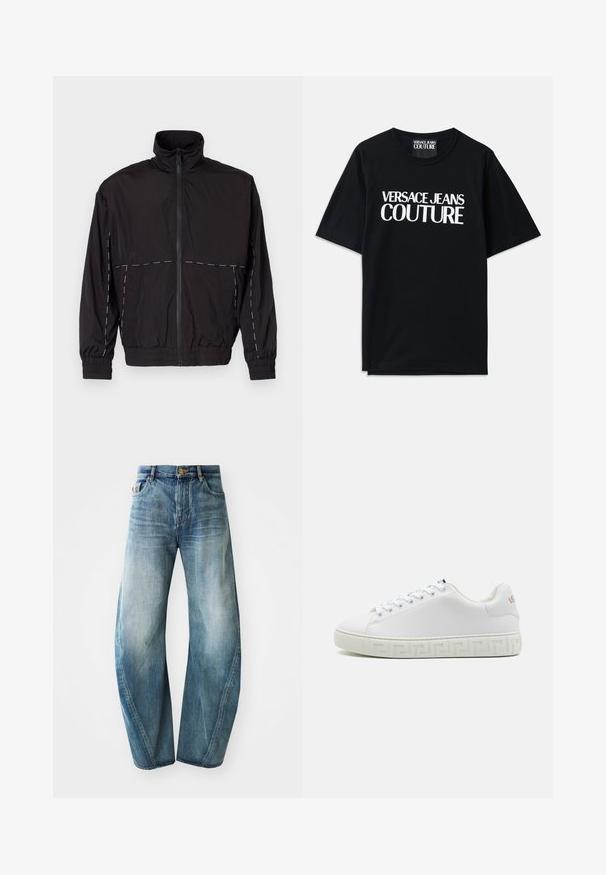 Černá lehká bunda s vysokým límcem a zipovým zapínáním. Má bílé prošívání na ramenou a rukávech. Elastické manžety.; Černé bavlněné tričko s krátkými rukávy s velkým bílým textem "VERSACE JEANS COUTURE" na přední straně. Klasický design s kulatým výstřihem.; Světle modré denimové džíny se rovnými nohavicemi, vysokým pasem a vyblednutím látky. Mají pět kapes a zapínání na knoflík.; Bílé tenisky s hladkým koženým svrškem, plochými tkaničkami a vzorovanou gumovou podrážkou s geometrickým designem. Diskrétní akcent loga na boku.