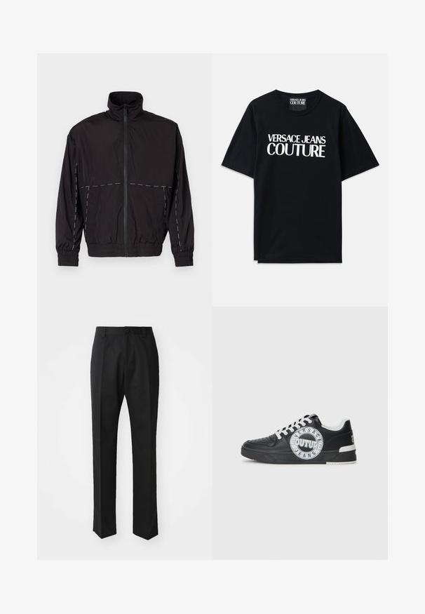 Črna lahka jakna z visokim ovratnikom in zadrgo. Ima bele šive na ramenih in rokavih. Elastični manšeti.; Črna bombažna majica s kratkimi rokavi, ki na sprednji strani prikazuje veliko belo besedilo "VERSACE JEANS COUTURE". Klasična zasnova s krožnim ovratnikom.; Črne hlače iz gladkega blaga, s ravnim krojem, zapiranjem na sprednji gumb in klasično, čisto obliko.; Črne usnjene superge z belimi detajli, okroglo logotipno okrasitev, perforiran prst in kontrastno podplat. Imajo bele vezalke in blagovno znamko.