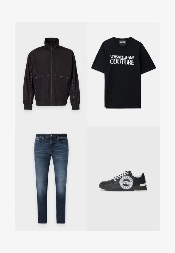 Casaco leve preto com gola alta e fecho de correr. Apresenta detalhes em costura branca nos ombros e mangas. Punhos elásticos.; T-shirt de algodão preta com mangas curtas, apresentando um grande texto branco "VERSACE JEANS COUTURE" na frente. Design clássico de gola redonda.; Jeans de ganga azul-escuro com um design de perna reta, apresentando um tom médio de lavagem, acabamentos em tom dourado e um patch de logotipo no bolso traseiro.; Tenis de couro preto com detalhes em branco, logótipo redondo, ponta perfurada e sola de contraste. Apresenta atacadores brancos e marca.