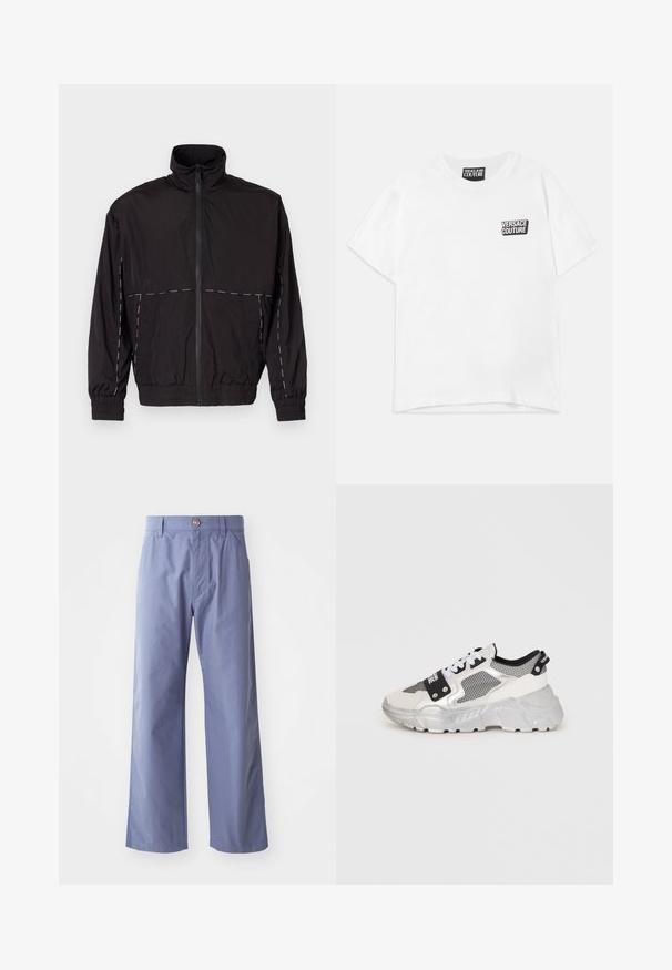 Black lightweight jacket with a high collar and zip closure. Features white stitching accents on the shoulders and sleeves. Elastic cuffs.; White short-sleeve crewneck T-shirt with small black and white "Versace Jeans Couture" logo on left chest and neck label.; Light blue wide-leg trousers made of cotton blend fabric, featuring a front button closure and two side pockets. Smooth texture.; Chunky sneakers with a white and silver design. Features mesh panels, black accents, and white laces. Textured sole with a raised pattern.