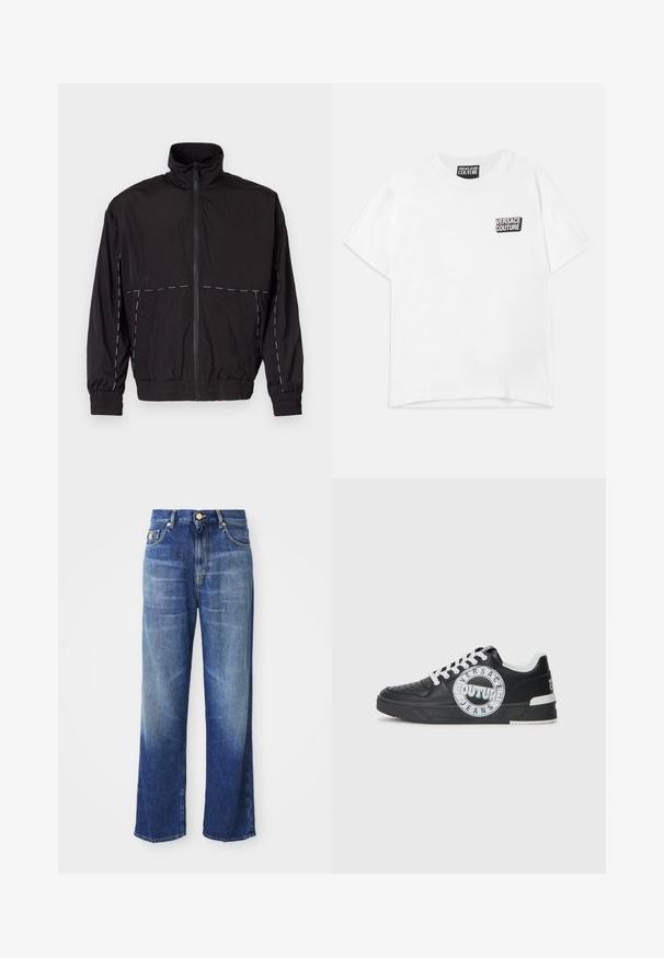 Črna lahka jakna z visokim ovratnikom in zadrgo. Ima bele šive na ramenih in rokavih. Elastični manšeti.; Bela kratka majica s kratkimi rokavi in krožno ovratnikom z majhnim črno-belim logotipom "Versace Jeans Couture" na levem prsnem delu in etiketom na vratu.; Visoko pasu ravne modre kavbojke z rahlim zbledelostjo in zlatim gumbom za zapiranje, prikazane na beli podlagi.; Črne usnjene superge z belimi detajli, okroglo logotipno okrasitev, perforiran prst in kontrastno podplat. Imajo bele vezalke in blagovno znamko.