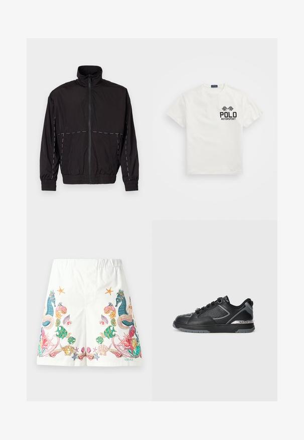 Black lightweight jacket with a high collar and zip closure. Features white stitching accents on the shoulders and sleeves. Elastic cuffs.; White cotton T-shirt with a round neck, featuring a black "Polo Motorsport" logo and crossed checkered flags on the left chest.; White shorts made of fabric featuring colorful ocean-themed graphics, including seahorses, shells, and starfish, with a drawstring waist.; Black leather sneaker featuring textured detailing, silver accents, rounded toe, and a patterned midsole with a logo. Lace-up design.