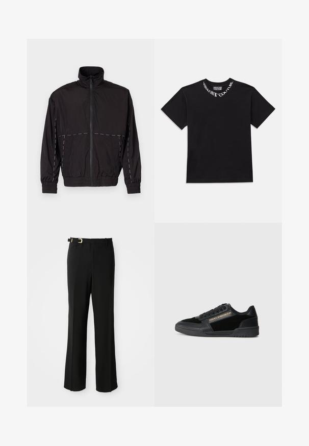Veste légère noire avec un col haut et une fermeture éclair. Présente des accents de coutures blanches sur les épaules et les manches. Poignets élastiques.; T-shirt en coton noir à manches courtes, avec un col rond et le logo blanc "VERSACE JEANS COUTURE" imprimé le long du col.; Pantalon noir avec une coupe ajustée, présentant un devant plat, des passants de ceinture, une silhouette élégante, et un accent de boucle en or sur la ceinture.; Baskets noires avec une finition en cuir lisse et des accents en daim. Présentent un design basse, des lacets et des détails en logo doré sur le côté.