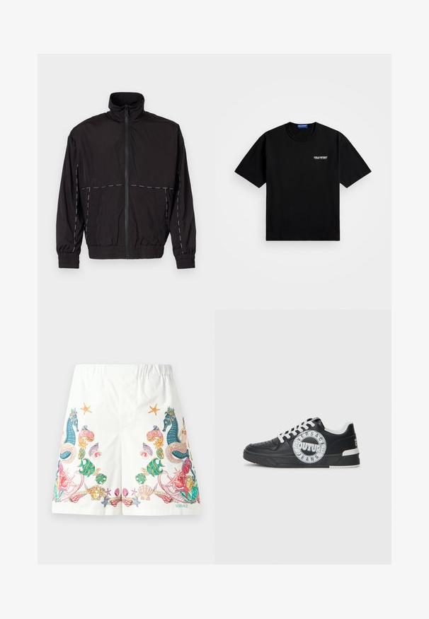 Chaqueta ligera negra con cuello alto y cierre de cremallera. Presenta detalles de costura blanca en los hombros y las mangas. Puños elásticos.; Camiseta de algodón negra con cuello redondo y mangas cortas. Presenta el logo de "POLO SPORT" en el lado izquierdo del pecho en blanco. Corte estándar.; Pantalones cortos blancos de tela con gráficos coloridos de temática oceánica, incluyendo caballitos de mar, conchas y estrellas de mar, con una cintura ajustable con cordón.; Zapatillas de cuero negro con acentos blancos, detalles de logo redondo, puntera perforada y suela en contraste. Presentan cordones blancos y una marca.