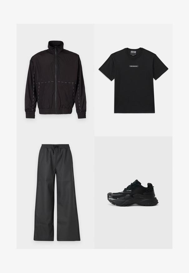 Črna lahka jakna z visokim ovratnikom in zadrgo. Ima bele šive na ramenih in rokavih. Elastični manšeti.; Črna kratka majica s kratkimi rokavi, narejena iz bombaža. Na prsih ima pravokotno oznako z logotipom z besedilom "VERSACE JEANS COUTURE" v beli barvi.; Han Kjøbenhavn RELAXED TRACK TROUSERS - Hlače - black; Črne športne superge iz mrežaste in semiš materialov, z teksturirano podplatom, zaobljenim nosom in detajl s logotipom Versace na strani.