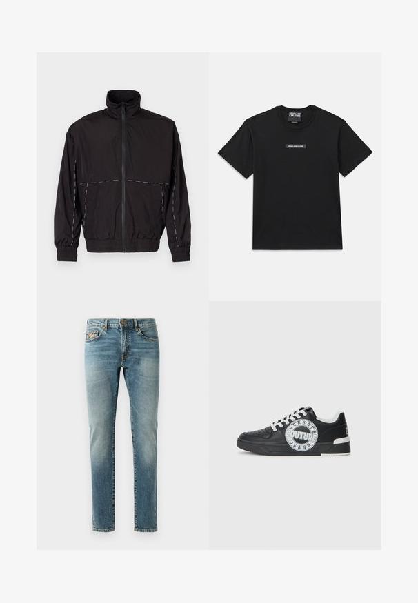 Casaco leve preto com gola alta e fecho de correr. Apresenta detalhes em costura branca nos ombros e mangas. Punhos elásticos.; T-shirt preta de manga curta feita de algodão. Apresenta um rótulo retangular de logo no peito com "VERSACE JEANS COUTURE" em texto branco.; Jeans de ganga azul claro com corte direito, cinco bolsos, ferragens em latão e um leve desbotamento nas pernas. Detalhe de costura clássica.; Tenis de couro preto com detalhes em branco, logótipo redondo, ponta perfurada e sola de contraste. Apresenta atacadores brancos e marca.