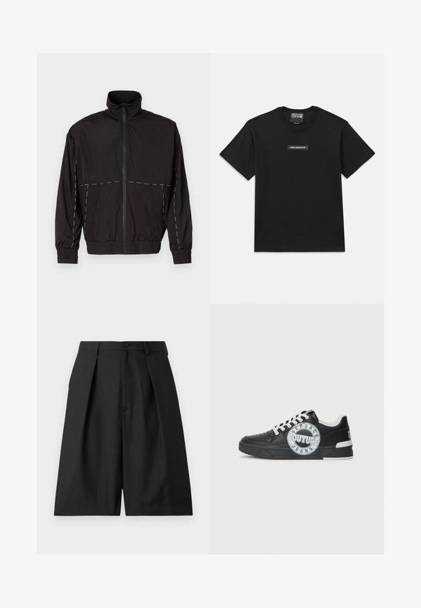 Černá lehká bunda s vysokým límcem a zipovým zapínáním. Má bílé prošívání na ramenou a rukávech. Elastické manžety.; Černé tričko s krátkým rukávem vyrobené z bavlny. Na hrudi se nachází obdélníková logo nášivka s nápisem "VERSACE JEANS COUTURE" v bílé barvě.; Versace Jeans Couture TECHNICAL TAILORING - Šortky - black; Černé kožené tenisky s bílými akcenty, kulatými detaily loga, perforovanou špičkou a kontrastní podešví. Obsahují bílé tkaničky a branding.