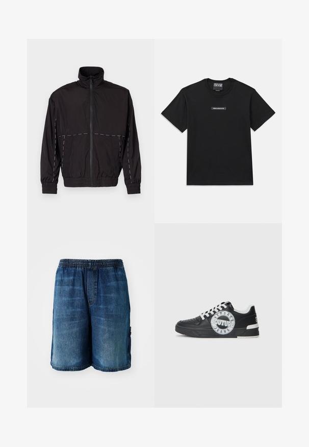 Melna viegla jaka ar augstu apkakli un rāvējslēdzēju. Iezīmējas ar baltām šuvēm uz pleciem un piedurknēm. Elastīgas piedurknes.; Melnas īsām piedurknēm t-krekls, izgatavots no kokvilnas. Uz krūšu ir taisnstūra formas logotipa uzlīme ar tekstu "VERSACE JEANS COUTURE" baltā krāsā.; Džinsu šorti ar elastīgu jostasvietu, griezti virs ceļgala, vidēji zila mazgājumā, ar smalkiem noslīpējumiem un sānu kabatām.; Melnas ādas sporta kurpes ar baltām akcentiem, apaļu logo detaļu, perforētu purngali un kontrastējošu zoli. Iekļautas baltas šņorītes un zīmols.