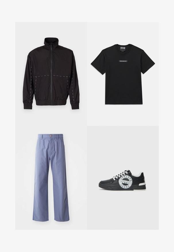 Schwarze leichte Jacke mit hohem Kragen und Reißverschluss. Mit weißen Nähakzenten an Schultern und Ärmeln. Elastische Bündchen.; Schwarzes T-Shirt mit kurzen Ärmeln aus Baumwolle. Besitzt ein rechteckiges Logodekoration auf der Brust mit "VERSACE JEANS COUTURE" in weißem Text.; Helleblaue, weit geschnittene Hose aus Baumwollmischgewebe mit einem Knopfverschluss vorne und zwei Seitentaschen. Glatte Textur.; Schwarze Ledersneaker mit weißen Akzenten, runder Logodetaillierung, perforierter Zehenpartie und kontrastierender Sohle. Ausgestattet mit weißen Schnürsenkeln und Branding.