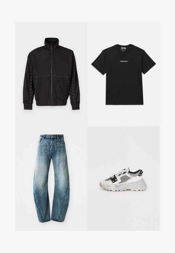 Juodas lengvas švarkas su aukštu apykakle ir užtrauktuku. Savybėje yra balti siuvinėjimo akcentai ant pečių ir rankovių. Elastingi rankogaliai.; Juodas trumpas rankovės marškinėlis, pagamintas iš medvilnės. Ant krūtinės yra stačiakampis logotipo etiketė su užrašu "VERSACE JEANS COUTURE" baltomis raidėmis.; Šviesiai mėlyni džinsai su tiesiu modeliu, aukštu liemeniu ir išblukimu audinyje. Turintys penkias kišenes ir mygtuko užsegimą.; Stambūs sportbačiai su balta ir sidabrine spalvų palete. Yra tinkliniai intarpai, juodi akcentai ir balti raišteliai. Grubus padas su iškilniu raštu.