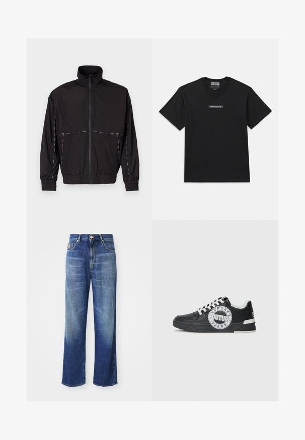 Czarna, lekka kurtka z wysokim kołnierzem i zapięciem na zamek. Posiada białe przeszycia na ramionach i rękawach. Elastyczne mankiety.; Czarna koszulka z krótkim rękawem wykonana z bawełny. Posiada prostokątną metkę z logo na piersi z napisem "VERSACE JEANS COUTURE" w białym kolorze.; Jeansy z wysokim stanem o prostych nogawkach w niebieskim denimie z delikatnym efektem wypłowienia i złotym zapięciem na guzik, przedstawione na białym tle.; Czarne skórzane sneakersy z białymi akcentami, okrągłe detale z logo, perforowany czubek oraz kontrastowa podeszwa. Posiadają białe sznurówki i branding.