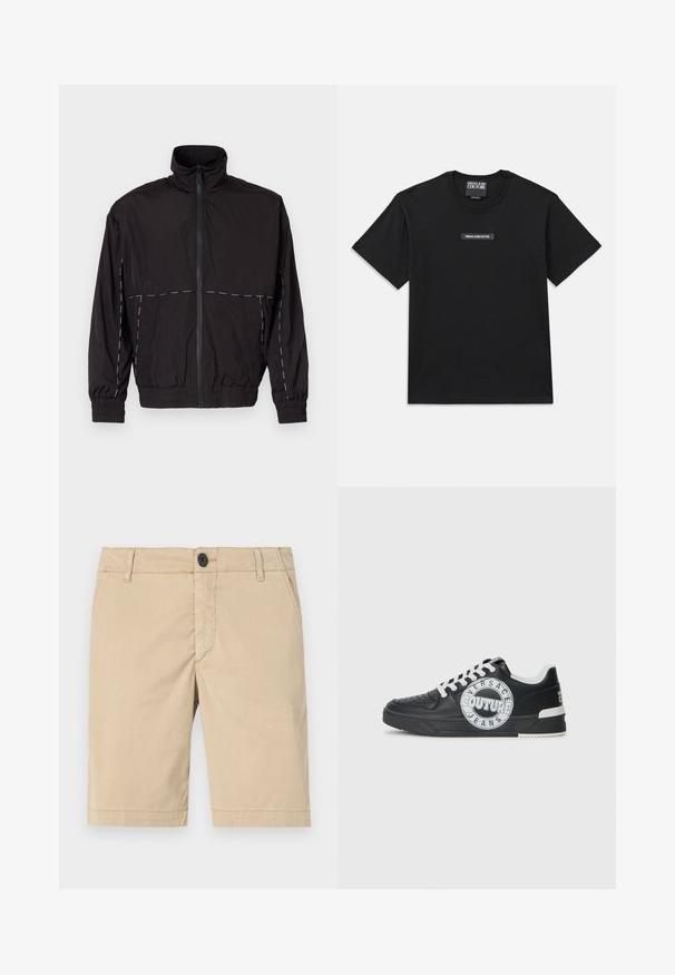 Črna lahka jakna z visokim ovratnikom in zadrgo. Ima bele šive na ramenih in rokavih. Elastični manšeti.; Črna kratka majica s kratkimi rokavi, narejena iz bombaža. Na prsih ima pravokotno oznako z logotipom z besedilom "VERSACE JEANS COUTURE" v beli barvi.; Khaki kratke hlače iz bombaža. Imajo zadrgo, gumbasto zapiranje, sprednje žepke, šivane šive in ravno sprednjo zasnovo.; Črne usnjene superge z belimi detajli, okroglo logotipno okrasitev, perforiran prst in kontrastno podplat. Imajo bele vezalke in blagovno znamko.