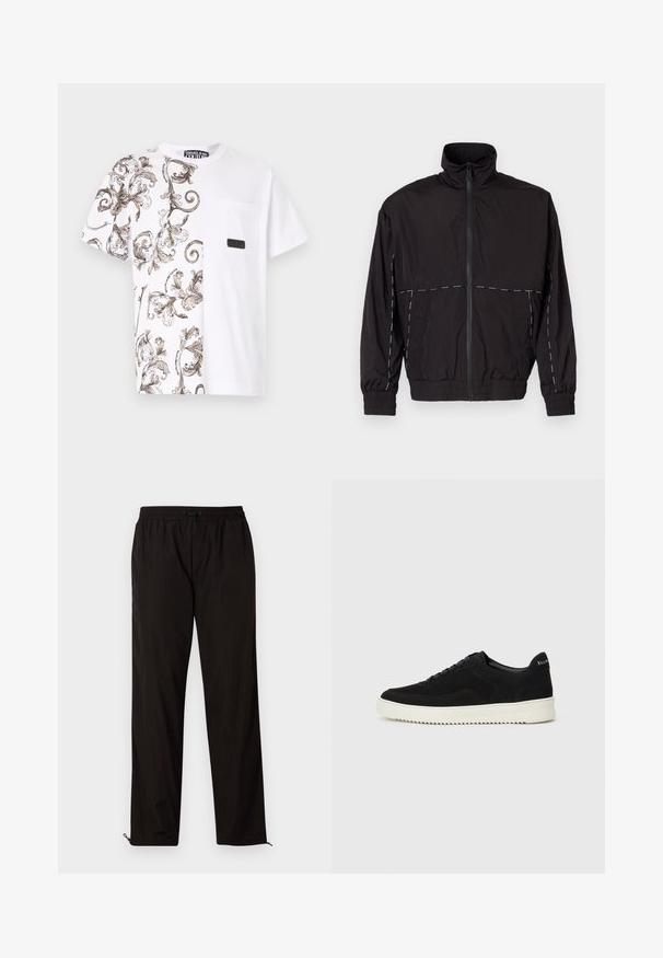 Jachetă neagră ușoară cu guler înalt și închidere cu fermoar. Prezintă accente de cusături albe pe umeri și mâneci. Mansete elastice.; Tricou alb cu un model floral maro pe partea stângă. Include o buzunar pe piept și un patch cu logo negru. Mâneci scurte, croială standard.; Pantaloni ușori negri, cu talie elastică, închidere cu șnur și tiv zipurat pentru o ajustare ușoară. Textură netedă și elegantă.; Adidași negri din suede cu design cu șireturi și talpă din cauciuc alb contrastant. Prezintă panouri laterale texturate și branding subtil pe toc.
