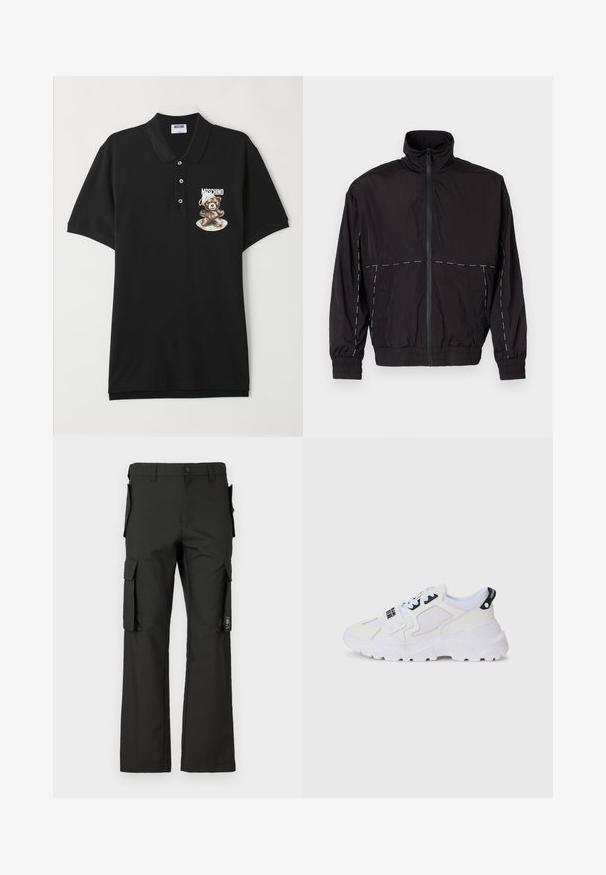 Čierna ľahká bunda s vysokým golierom a zipsom. Má biele švy na pleciach a rukávoch. Elastické manžety.; Čierne polo tričko vyrobené z bavlny, s grafickým motívom kresleného medveďa na ľavej hrudi, s nápisom "Moschino" nad ním a výrazným golierom.; Čierne cargo nohavice so strihom so sotva, ktoré majú viacero bočných vreciek a zapínanie na gombík. Vyrobené z odolného materiálu, hladká textúra.; Biele športové tenisky s vrchnou časťou z mrežoviny, hrubou podrážkou a čiernymi akcentmi s potlačeným logom. Textúrovaný a štruktúrovaný dizajn.