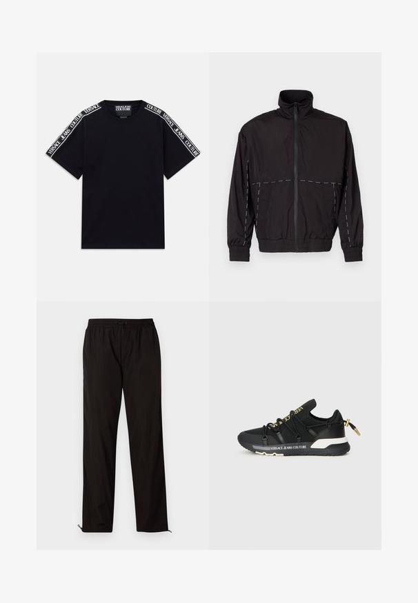 Juodas lengvas švarkas su aukštu apykakle ir užtrauktuku. Savybėje yra balti siuvinėjimo akcentai ant pečių ir rankovių. Elastingi rankogaliai.; Juoda trumpomis rankovėmis marškinėliai su baltais „Versace Jeans Couture“ tekstais, einančiais palei pečius ir viršutines rankoves.; Juodos lengvos kelnės su elastingu juosmeniu, raišteliu ir užtrauktukais apačioje, kad būtų galima pritaikyti dydį. Lygus, glotnus paviršius.; Juodos sportinės kedai su glaustais dizainu, turintys aukso ženklinimą, elastines raišteles ir tekstūruotą padą su baltais akcentais.