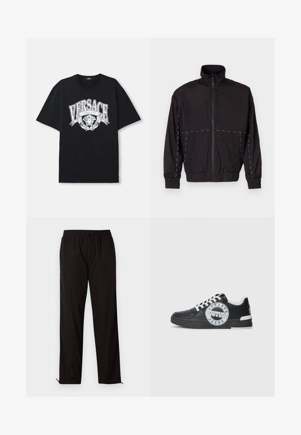 Svart lättviktsjacka med hög krage och dragkedjestängning. Har vita sömnadsdetaljer på axlarna och ärmarna. Elastiska muddar.; Svart bomull T-shirt med en stor vit grafik som har "VERSACE" och en konstnärlig design av ett ansikte omgiven av blad.; Svarta lätta byxor med elastisk midja, snörning och dragkedja vid bensluten för justerbar passform. Slät och elegant yta.; Svart lädersneakers med vita accenter, rund logodetalj, perforerad tå och kontrasterande sula. Har vita snören och varumärkeslogotyp.