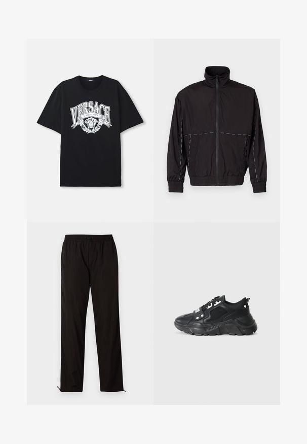 Mustat kevyet takit, joissa on korkea kaulus ja vetoketjusuljin. Rinnassa ja hihoissa valkoiset ompeluviivat. Joustavat hihansuut.; Mustat puuvillapaitat, jossa on suuri valkoinen grafiikka, jossa lukee "VERSACE" ja taiteellinen kasvomuotoilu, jota ympäröivät lehdet.; Mustat kevyet housut, joissa on joustava vyötärö, kiristysnauha ja vetoketjulliset lahkeet säädettävään istuvuuteen. Sujuva, sleek-tuntu.; Mustat urheilujalkineet, joissa on teksturoitu verkko-paneeli, paksu kumipohja, kontrastivärit ja nauhakiinnitys. Varustettu takana olevan vetotarran avulla.