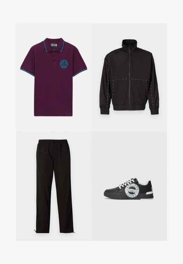 Melna viegla jaka ar augstu apkakli un rāvējslēdzēju. Iezīmējas ar baltām šuvēm uz pleciem un piedurknēm. Elastīgas piedurknes.; Violeta īsām piedurknēm polo krekls ar tīrakstu svītrām apkaklītē un aprocēs, trīs pogām un apaļu tīrakstu Versace Jeans Couture logotipu uz kreisā krūts.; Melni viegli bikses ar elastīgu jostu, aukliņu aizdari un rāvējslēdzēju apakšmalā regulējamai fitē. Gluda, eleganta tekstūra.; Melnas ādas sporta kurpes ar baltām akcentiem, apaļu logo detaļu, perforētu purngali un kontrastējošu zoli. Iekļautas baltas šņorītes un zīmols.