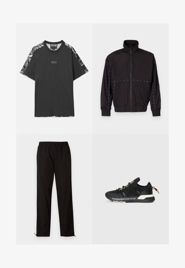 Black lightweight jacket with a high collar and zip closure. Features white stitching accents on the shoulders and sleeves. Elastic cuffs.; Black cotton T-shirt featuring floral patterned short sleeves, round neck, and a small logo patch on the front. Lightweight texture.; Black lightweight trousers with an elastic waistband, drawstring closure, and zippered hems for adjustable fit. Smooth, sleek texture.; Black athletic sneakers with a sleek design, featuring gold branding, elastic laces, and a textured sole with white accents.
