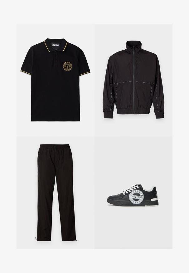 Črna lahka jakna z visokim ovratnikom in zadrgo. Ima bele šive na ramenih in rokavih. Elastični manšeti.; Črna polo majica iz bombaža ima ovratnik z rumenimi črtami, dvobutonsko zapiranje in vezeno okroglo logo na levem prsnem delu.; Črne lahke hlače z elastičnim pasom, zapiranjem na vrvico in zadrgo na robovih za prilagodljivost. Gladka, sijoča tekstura.; Črne usnjene superge z belimi detajli, okroglo logotipno okrasitev, perforiran prst in kontrastno podplat. Imajo bele vezalke in blagovno znamko.