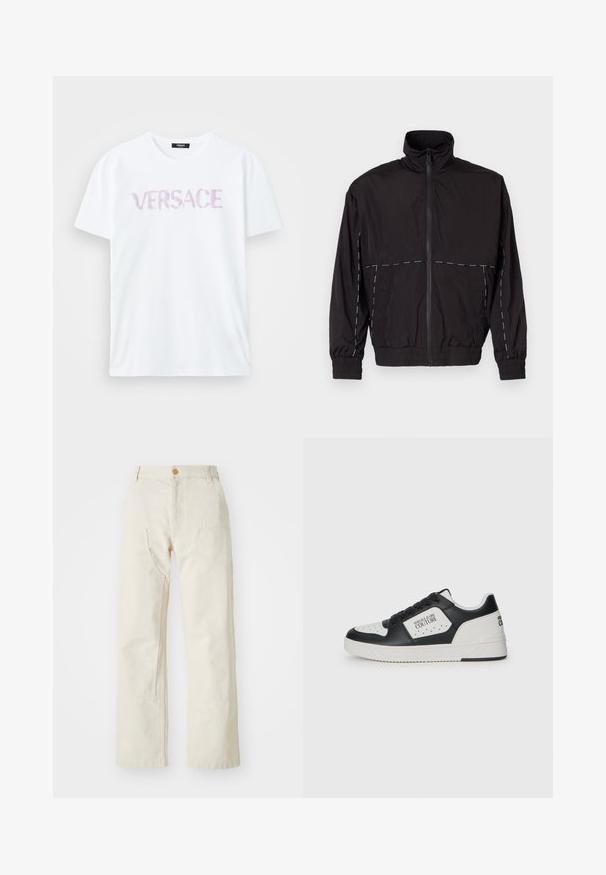 Melna viegla jaka ar augstu apkakli un rāvējslēdzēju. Iezīmējas ar baltām šuvēm uz pleciem un piedurknēm. Elastīgas piedurknes.; Balta kokvilnas T-kreklā ar brīvu piegriezumu un apaļu kakla izgriezumu. Ar mīksta purpura akvareļa stilu uzraksts "VERSACE" drukāts krūšu daļā.; Beige platās kājas bikses, izgatavotas no kokvilnas, ar pogu aizdari, divām sānu kabatām un taisnu griezumu, ar gludu tekstūru.; Melnas un baltas kedas ar gludu ādas augšējo daļu, perforētu pirkstu daļu, kontrastējošu baltu paneli un logotipa detaļu sānos un uz papēža.