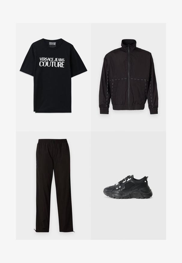 Černá lehká bunda s vysokým límcem a zipovým zapínáním. Má bílé prošívání na ramenou a rukávech. Elastické manžety.; Černé bavlněné tričko s krátkými rukávy s velkým bílým textem "VERSACE JEANS COUTURE" na přední straně. Klasický design s kulatým výstřihem.; Černé lehké kalhoty s elastickým pasem, stahovací šňůrkou a zipovými nohavicemi pro nastavitelný střih. Hladká, elegantní textura.; Černé sportovní tenisky s texturovanou síťovinou, silnou gumovou podrážkou, kontrastními akcenty a šněrováním. Obsahují také zadní poutko.