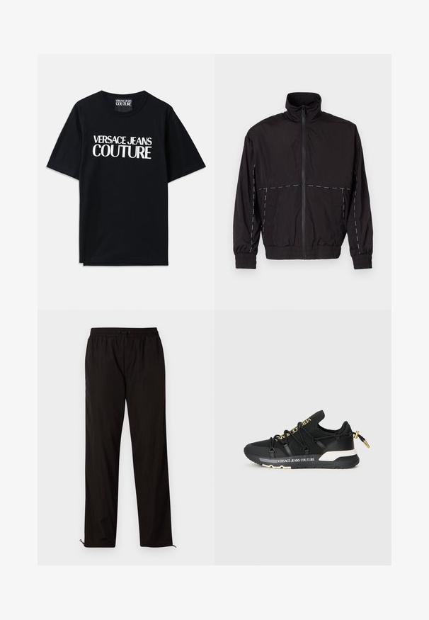Črna lahka jakna z visokim ovratnikom in zadrgo. Ima bele šive na ramenih in rokavih. Elastični manšeti.; Črna bombažna majica s kratkimi rokavi, ki na sprednji strani prikazuje veliko belo besedilo "VERSACE JEANS COUTURE". Klasična zasnova s krožnim ovratnikom.; Črne lahke hlače z elastičnim pasom, zapiranjem na vrvico in zadrgo na robovih za prilagodljivost. Gladka, sijoča tekstura.; Črne atletske superge z eleganten dizajn, ki vključujejo zlato blagovno znamko, elastične vezalke in teksturiran podplat z belimi akcenti.